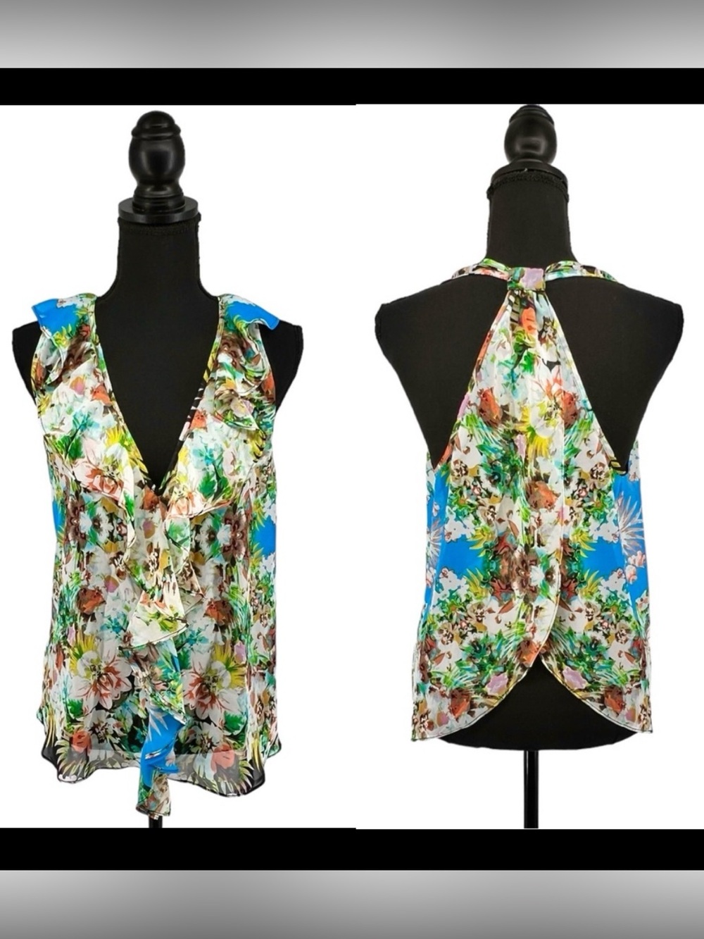 Bisou Bisou NWT Sheer Open Back Top Size XS Tropical Scarf Resort Wear Colorful